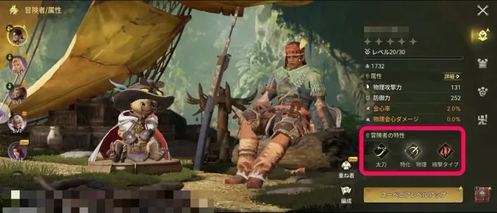 The Protagonist's weapon type, specialization, and type on the adventurer screen