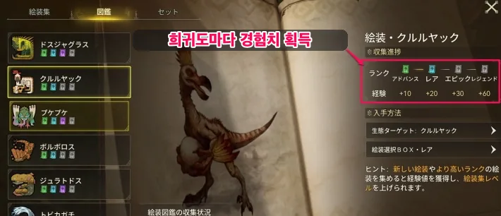 몬스터 삽화의 희귀도마다 경험치 획득