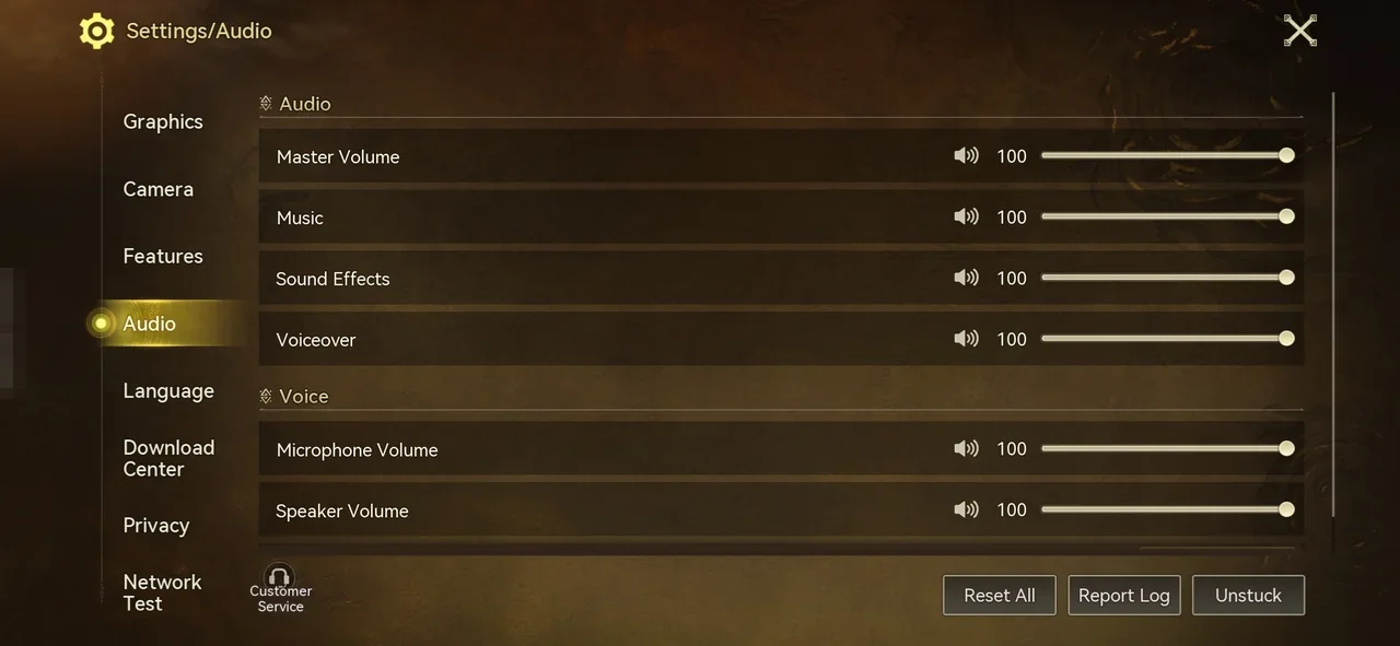 The Settings/Audio screen with volume sliders for Master Volume, Music, Sound Effects, Voiceover, Microphone Volume, and Speaker Volume