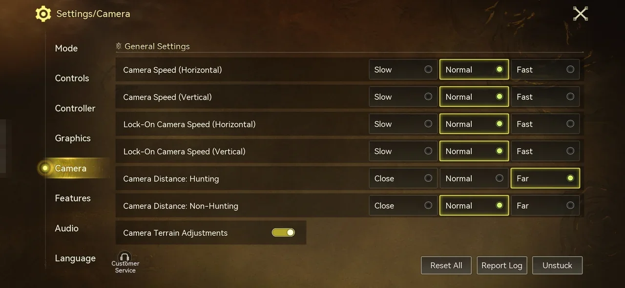 The Settings/Camera screen with Slow, Normal, and Fast camera speeds, Close, Normal, and Far camera distances, and the Camera Terrain Adjustments toggle