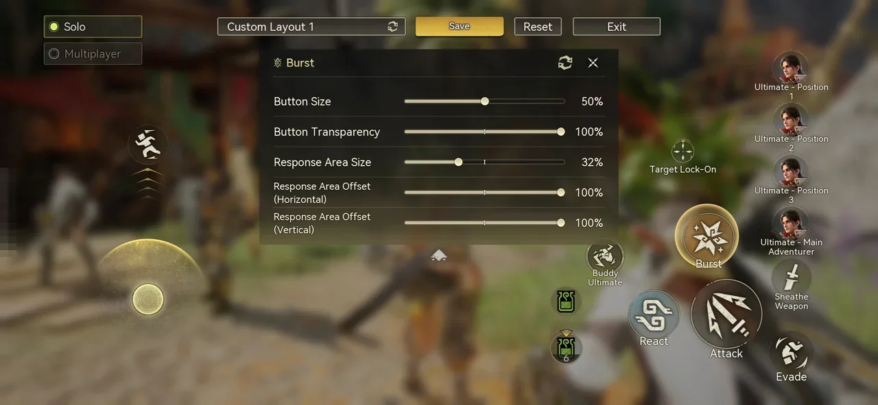 The button customization screen with the Burst button selected, showing sliders for Button Size, Button Transparency, Response Area Size, and Response Area Offset