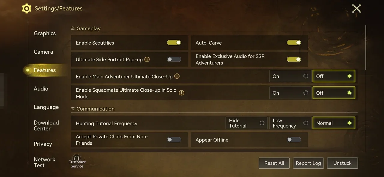 The Settings/Features screen with the Gameplay toggles such as Enable Scoutflies and Auto-Carve, and the Communication options