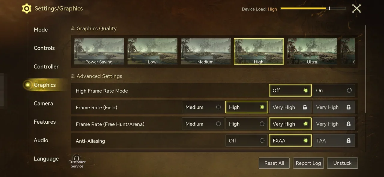 The Settings/Graphics screen with Graphics Quality presets, High Frame Rate Mode, Frame Rate, and Anti-Aliasing options, and the Device Load gauge at the top