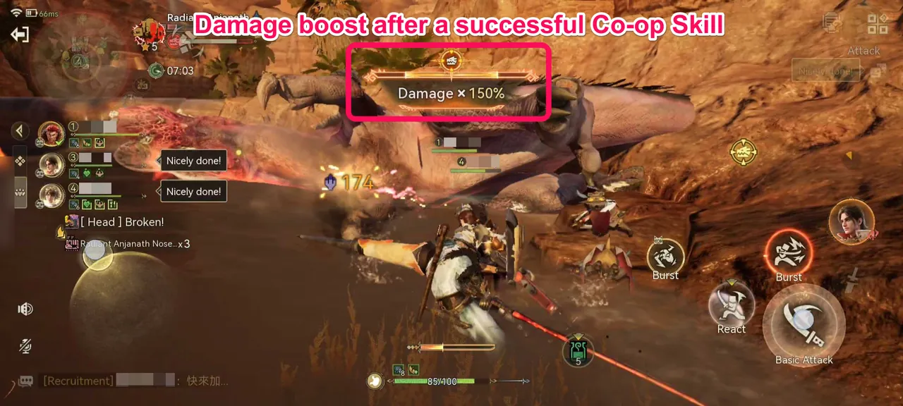 "Damage × 150%" shown at the top of the screen after a successful Co-op Skill