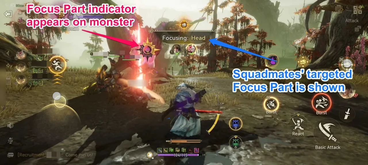 The Focus Part marker on the monster's head, with "Focusing: Head" and the squadmates targeting it shown at the top