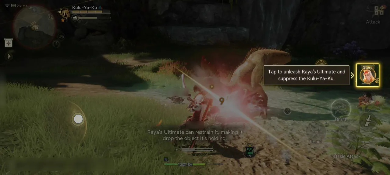 The prompt "Tap to unleash Raya's Ultimate and suppress the Kulu-Ya-Ku" next to Raya's highlighted portrait