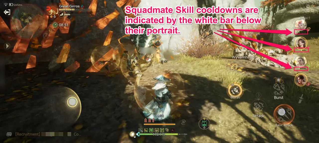 White cooldown bars under the squadmates' portraits on the right of the battle screen
