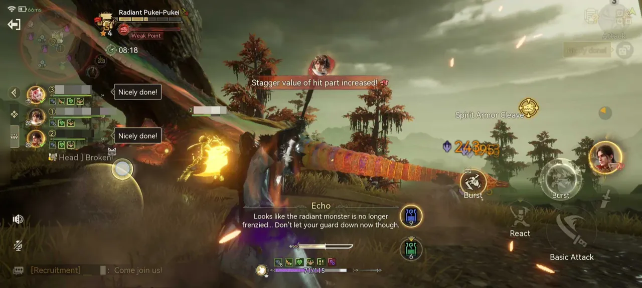 Radiant Pukei-Pukei toppled after a successful Co-op Skill, with "Nicely done!" pop-ups next to the squad list