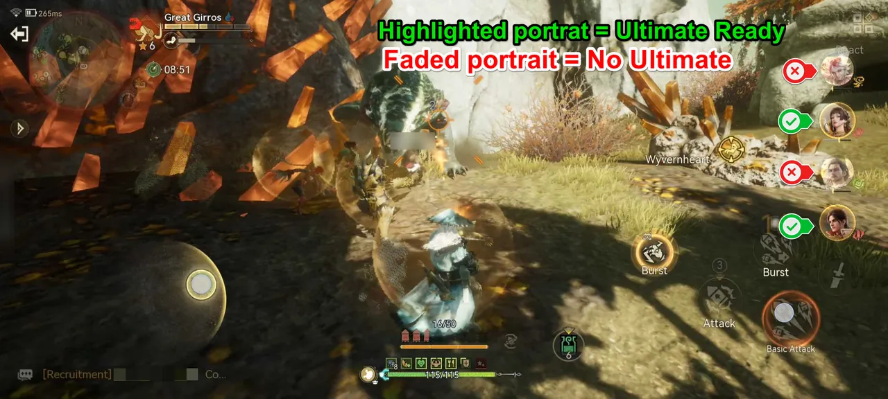 Adventurer portraits on the right: lit portraits have an Ultimate ready, faded ones do not