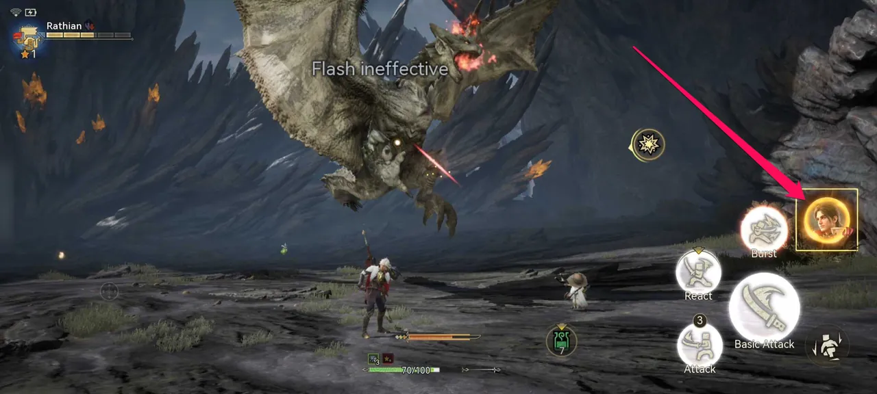 A red arrow pointing to the highlighted adventurer portrait on the right of the battle screen, which you tap to use the Ultimate
