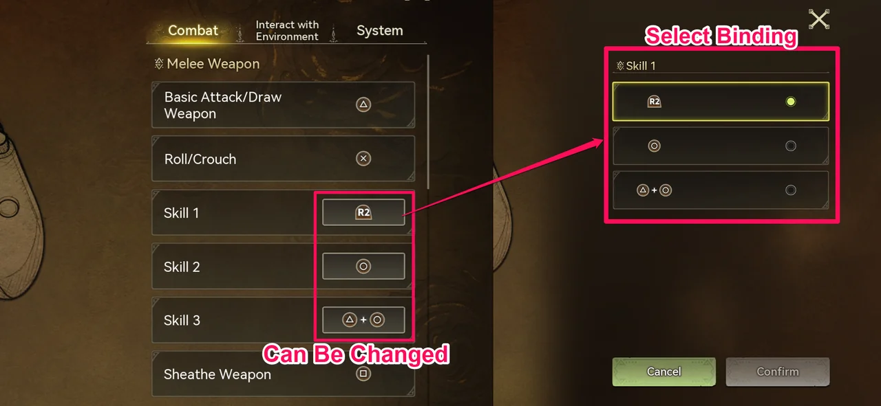 Selecting Skill 1 opens a list of three button choices