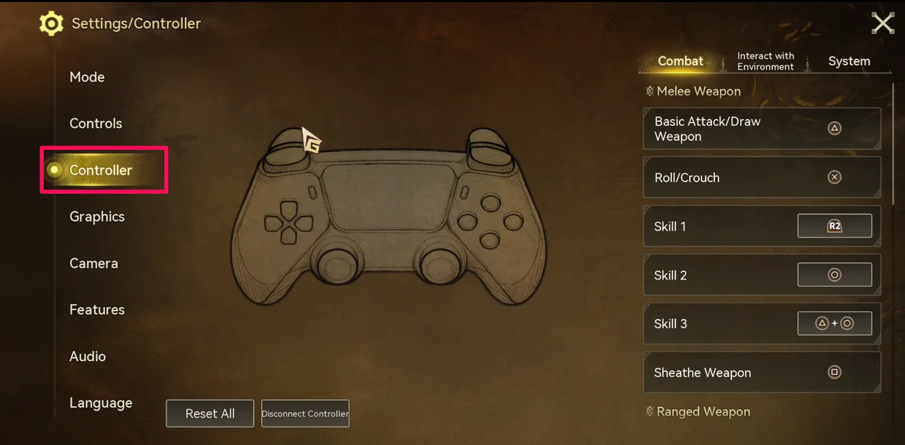The Settings/Controller screen with the Controller tab selected, showing the Combat tab's Melee Weapon buttons