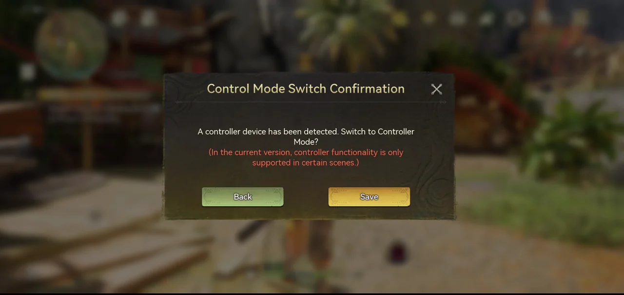 The Control Mode Switch Confirmation window asking whether to switch to Controller Mode, with Back and Save buttons