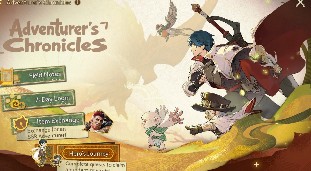 The Adventurer's Chronicles menu with Field Notes, 7-Day Login, Item Exchange, and Hero's Journey