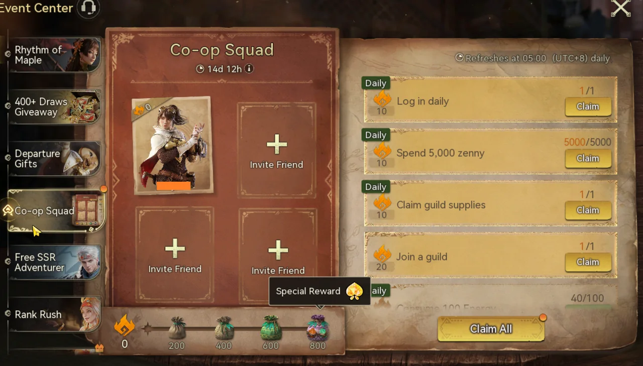 The Co-op Squad screen with Invite Friend slots, the daily quest list, and the point reward bar