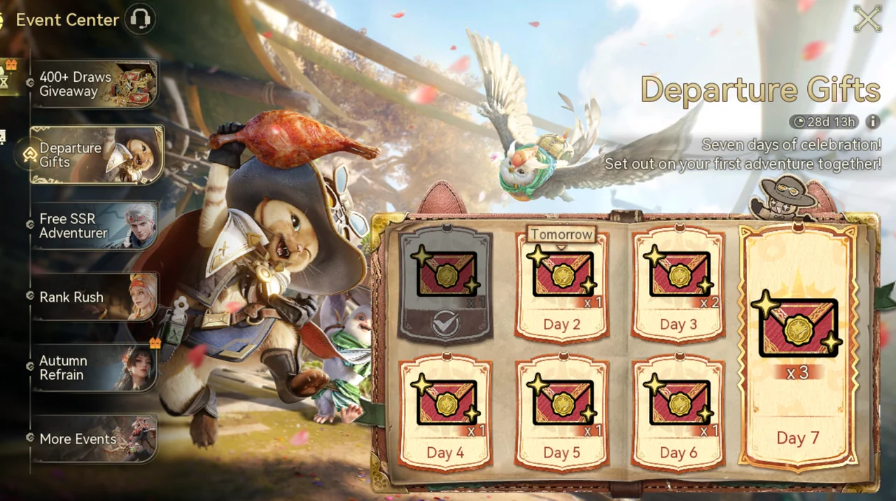 The Departure Gifts login calendar with a Featured Contract reward for each of the 7 days