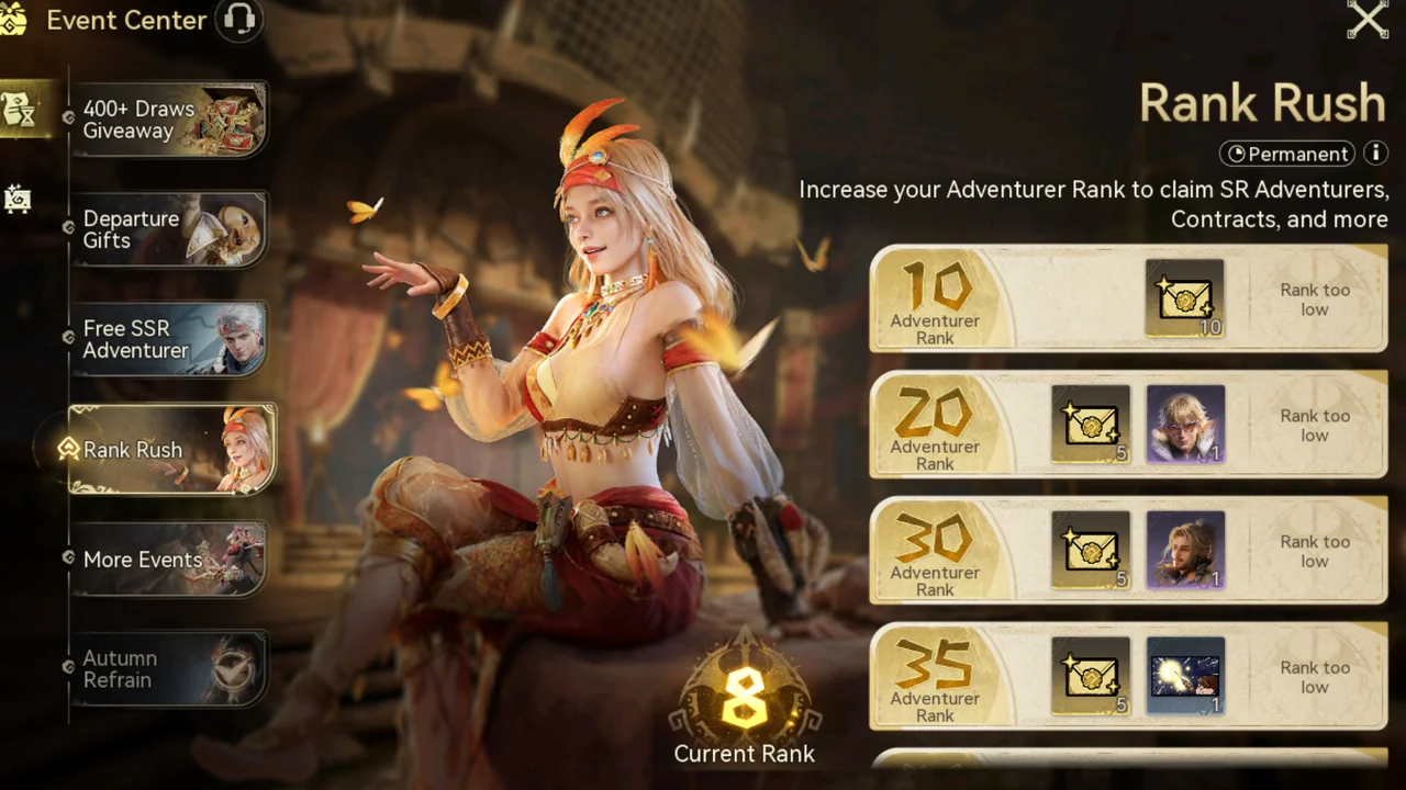 The Rank Rush screen listing rewards for each Adventurer Rank milestone