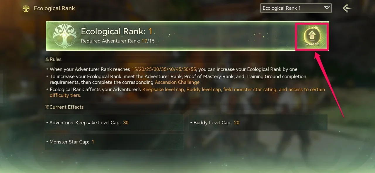 The Ecological Rank window with the Ascend button highlighted