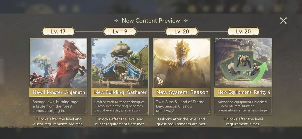 The New Content Preview window showing upcoming content and the level each one unlocks at