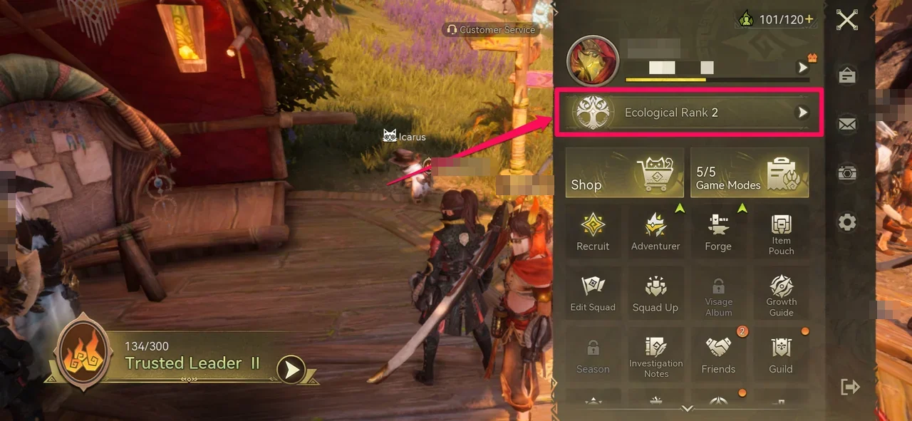 The Menu with the Ecological Rank entry highlighted below the Adventurer Rank bar
