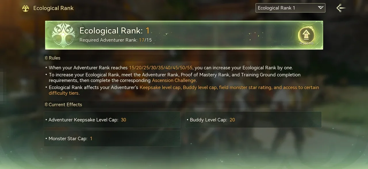 The Ecological Rank window with the Rules listing the Adventurer Rank milestones and the Current Effects