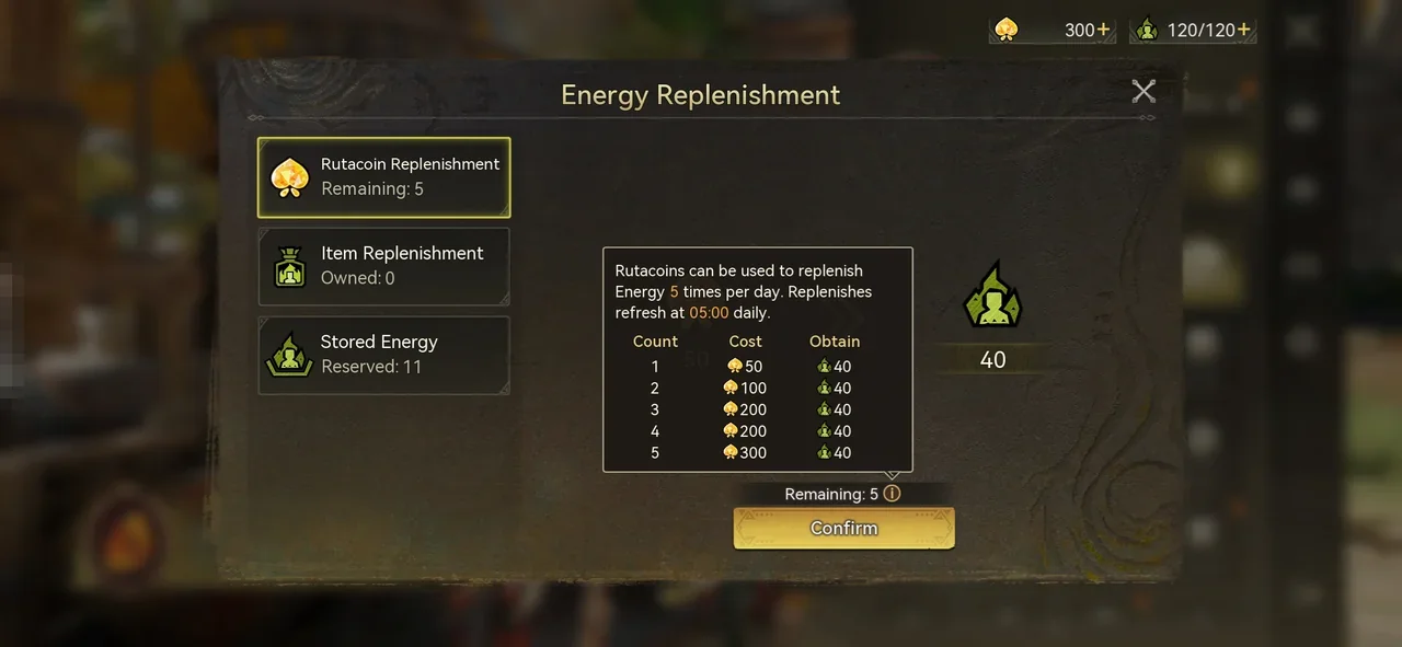 The Energy Replenishment window showing Rutacoin Replenishment, Item Replenishment and Stored Energy, with the Rutacoin cost table for each refill