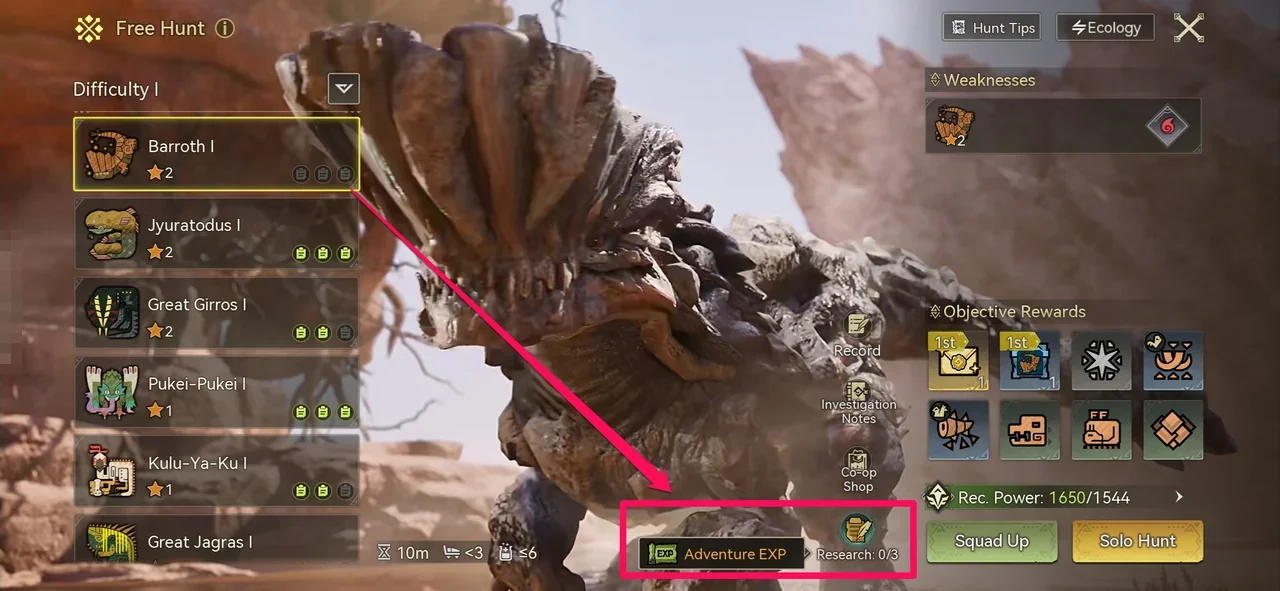 The Free Hunt window for Barroth I with Adventure EXP shown next to its Research progress