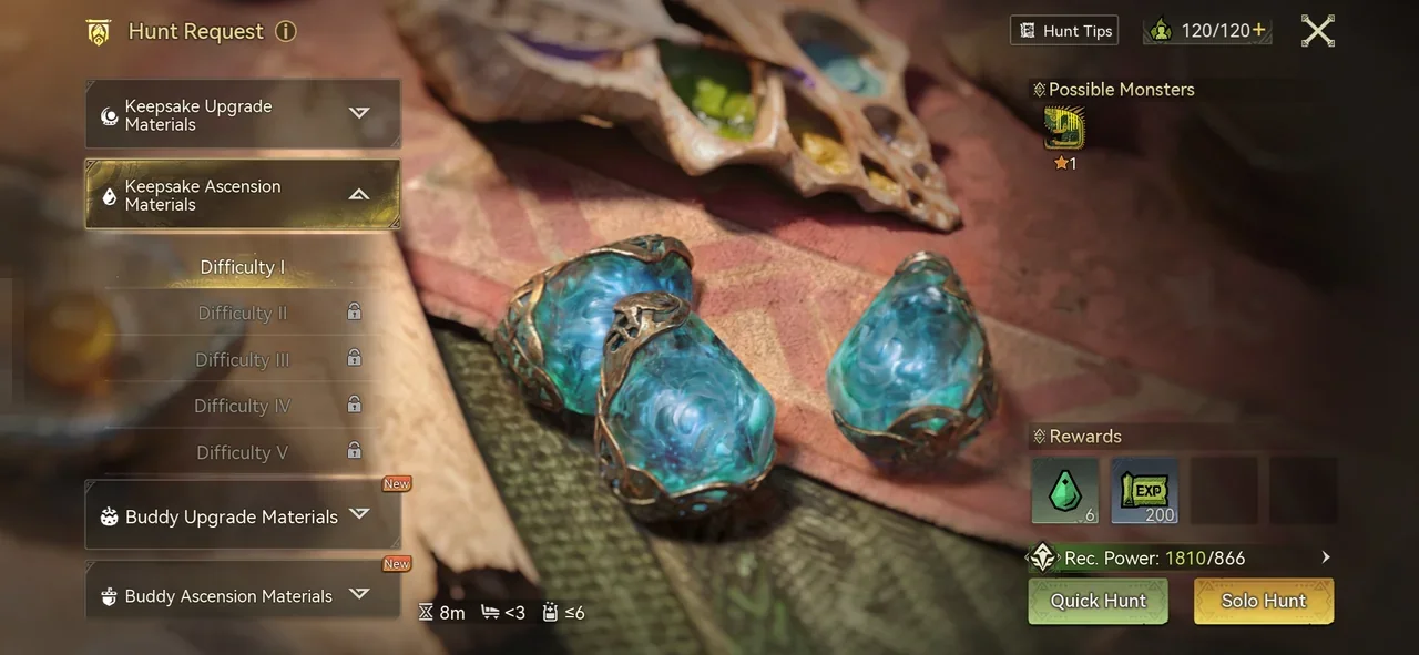 A Hunt Request for Keepsake Ascension Materials, with an Adventure EXP reward in the Rewards panel