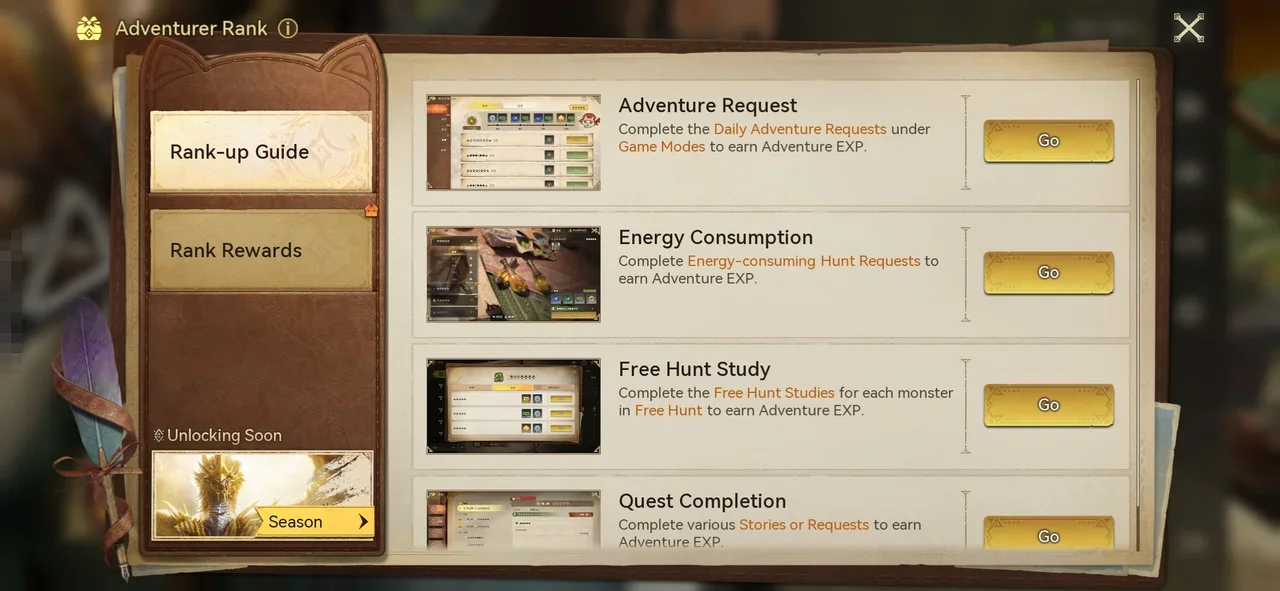 The Rank-up Guide tab of the Adventurer Rank window listing Adventure Request, Energy Consumption, Free Hunt Study and Quest Completion, each with a Go button