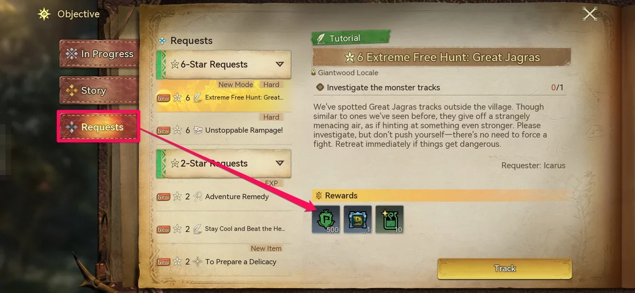 The Requests tab of the Objective window listing Requests by star rating, with an EXP tag on one Request