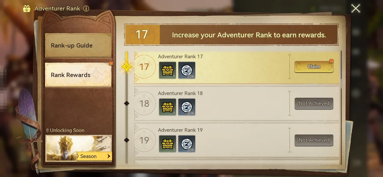 The Rank Rewards tab of the Adventurer Rank window with a chest and Zenny listed for each rank, and the Claim button on the current rank