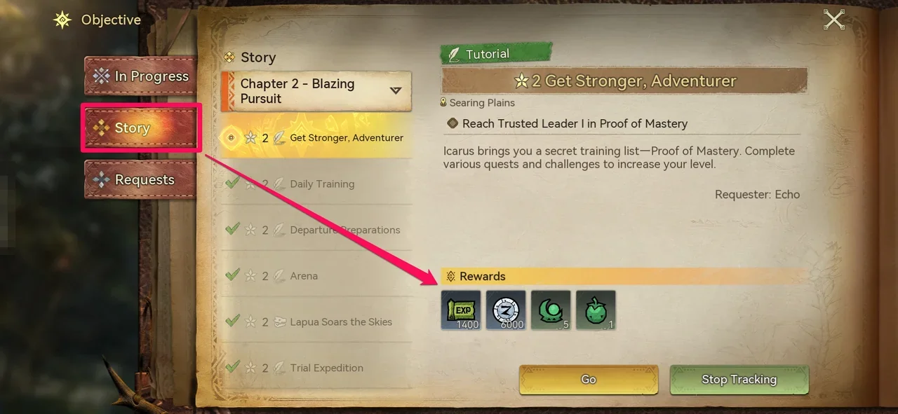 The Story tab of the Objective window showing a Story Quest with Adventure EXP in its Rewards