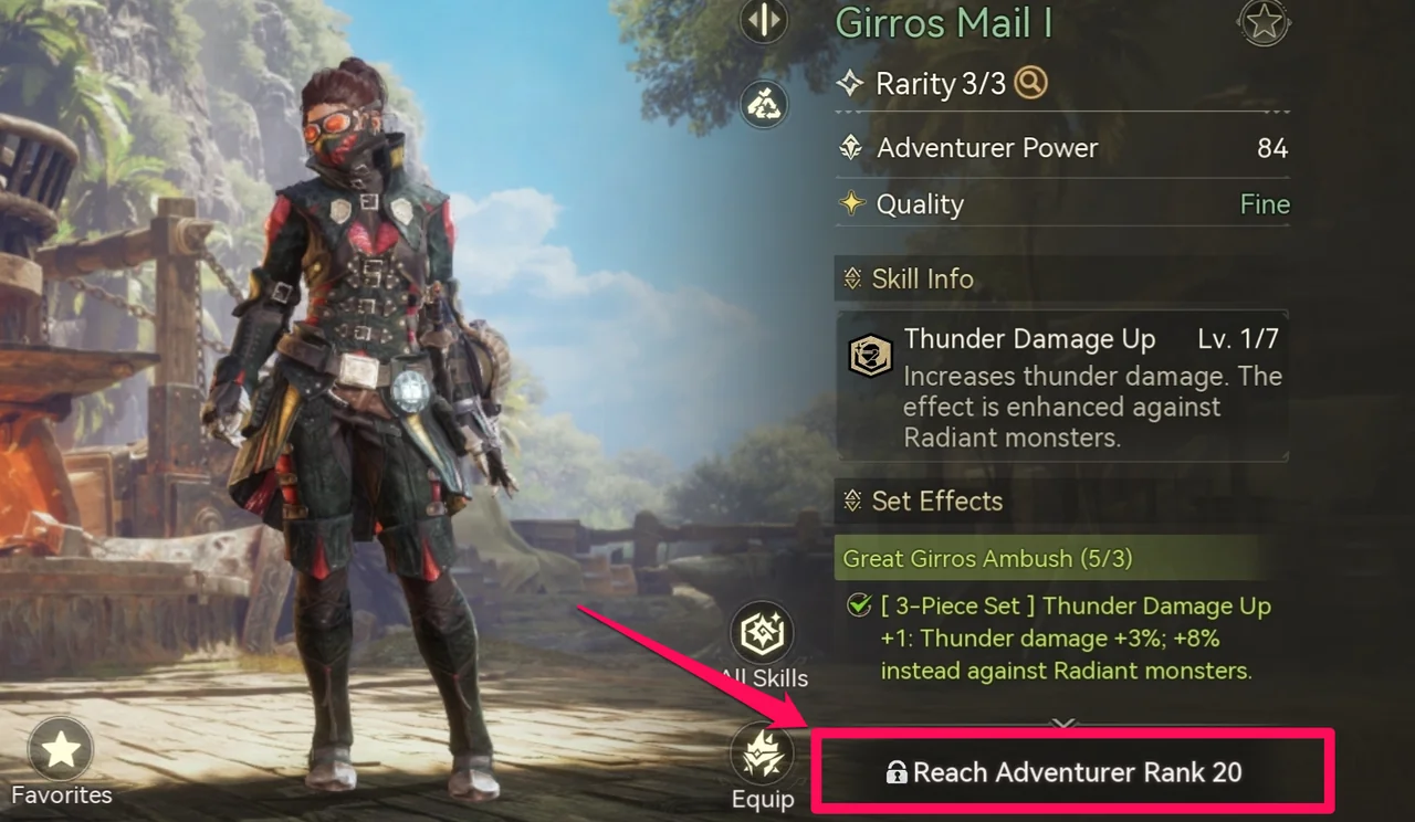 The armor details with a locked upgrade that requires a higher Adventurer Rank