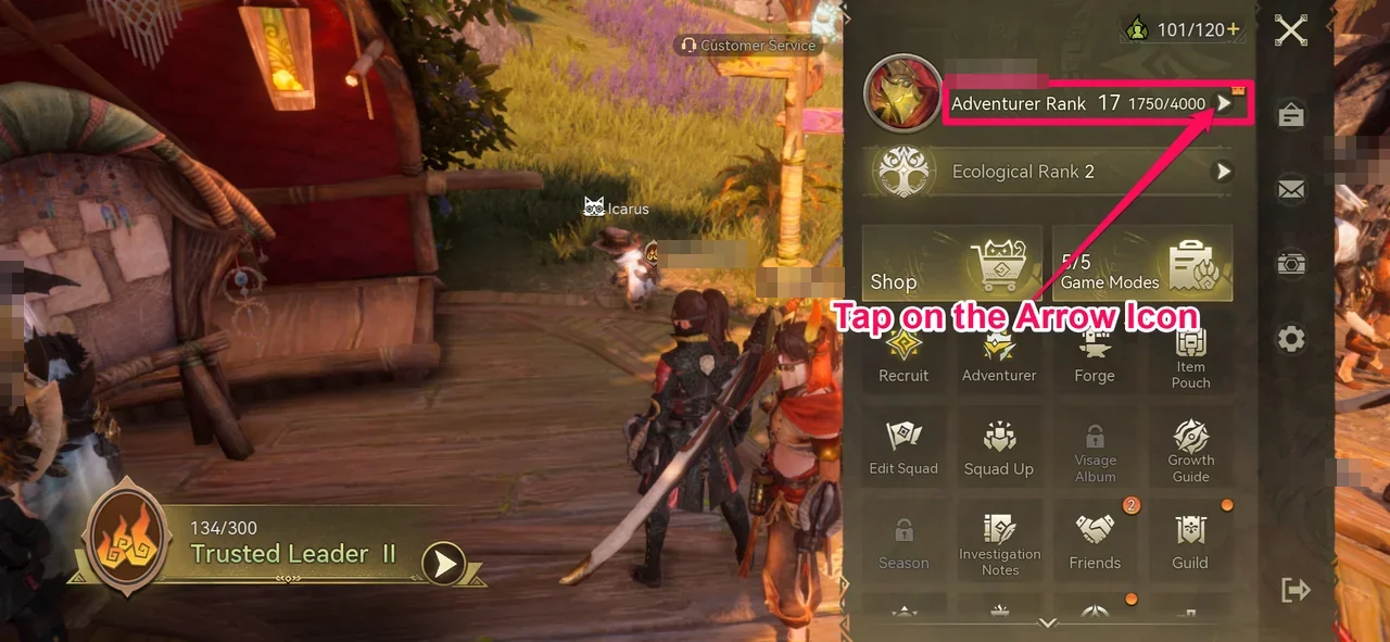 The Menu with the arrow next to Adventurer Rank highlighted below the character name